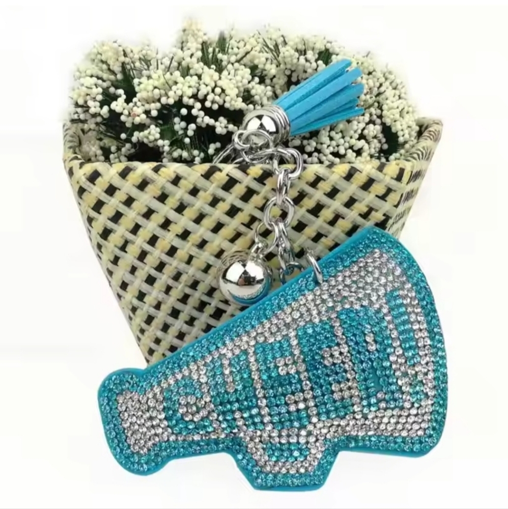 Bling Cheer Crystal Rhinestone Keychain Bag Charm With Blue Tassel